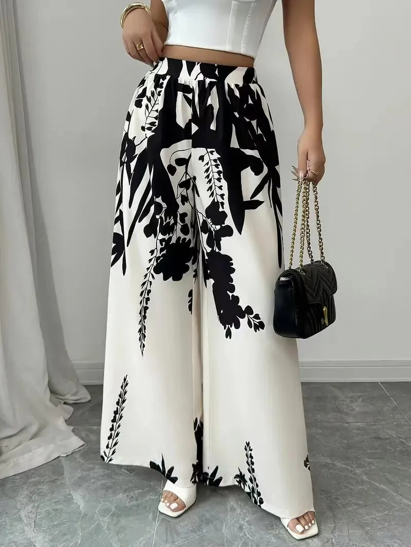 women's fashion printed, lace-up , waist-cinching, slim-fit casual trousers