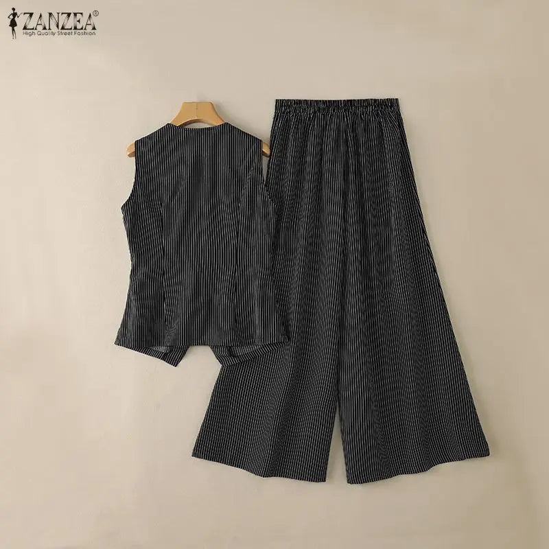 Women ZANZEA  elegant pant suits striped sleeveless vest tops & wide leg pant 2 pieces sets office fashion commuting outfits
