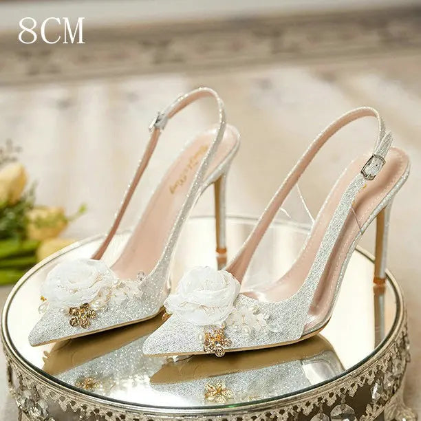 Women New White Wedding  Pointed Head Shallow Mouth Flowers High Heels Summer Fashion Sandals