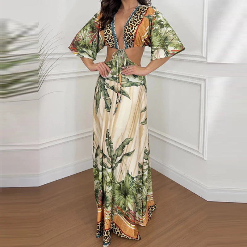 Women Summer Elegant Ladies V Neck Party Dress Fashion Half Sleeved Pleated  Vintage Pattern Printed Waist Long Beach Dresses