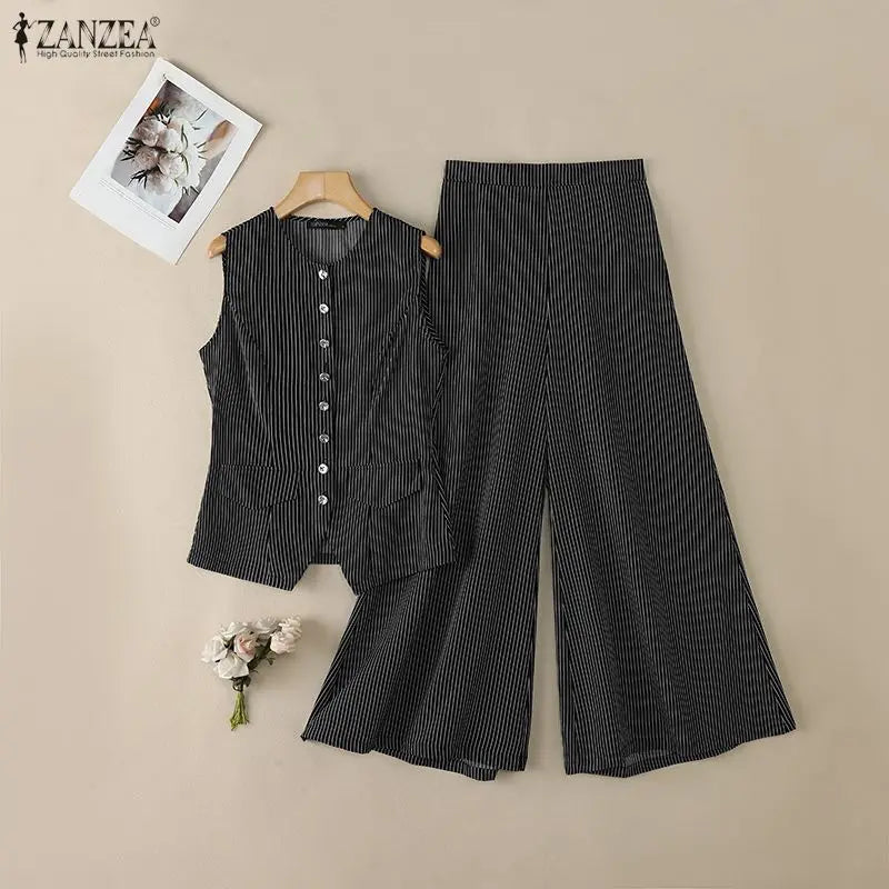 Women ZANZEA  elegant pant suits striped sleeveless vest tops & wide leg pant 2 pieces sets office fashion commuting outfits