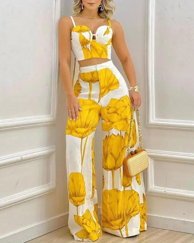 Women Two Piece Sets  Outfits Spring Fashion Plants Print Sleeveless Crop Cami Top & Casual Wide Leg Vacation Pants Set