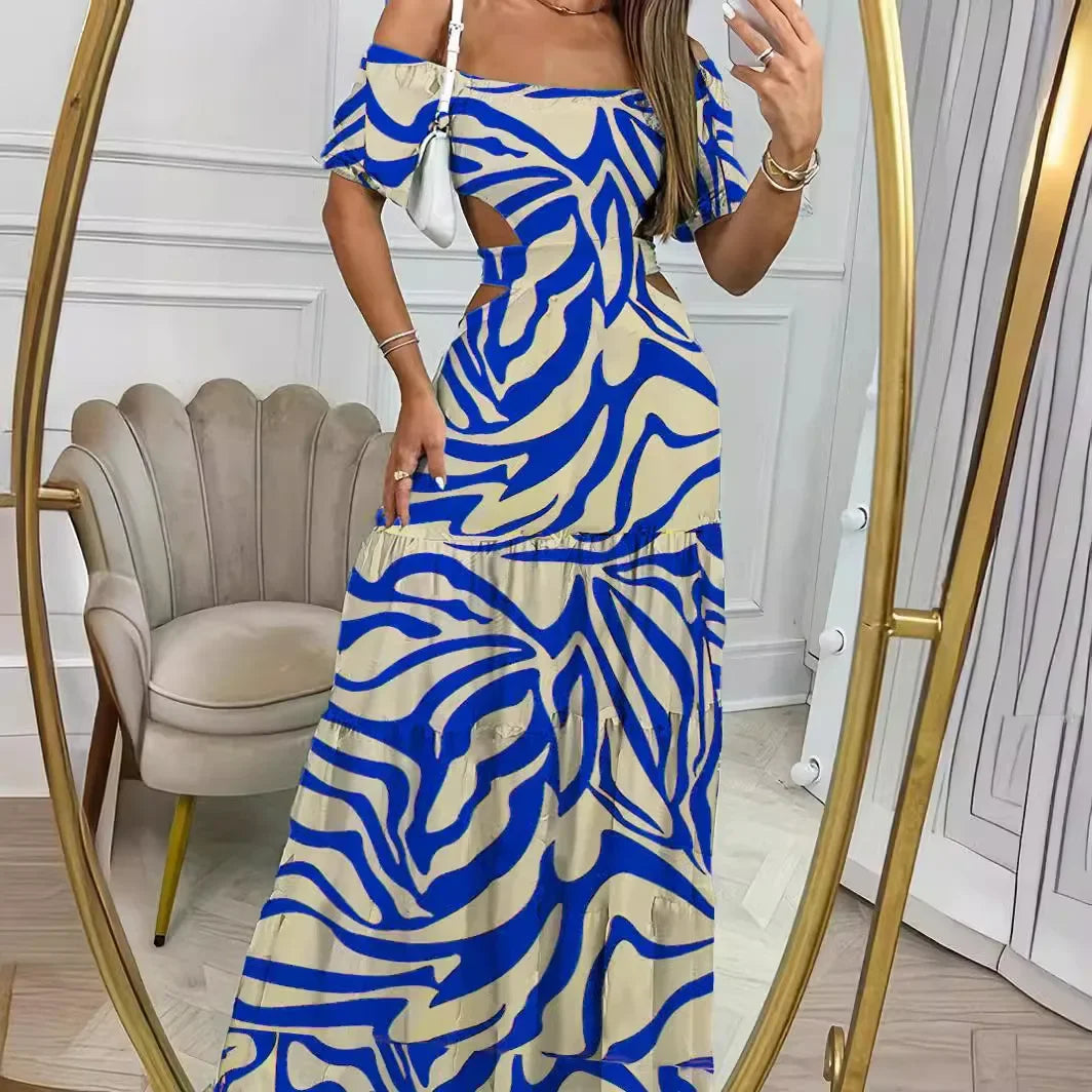 Women new straight neck elastic waist long elegant sexy one-piece dress