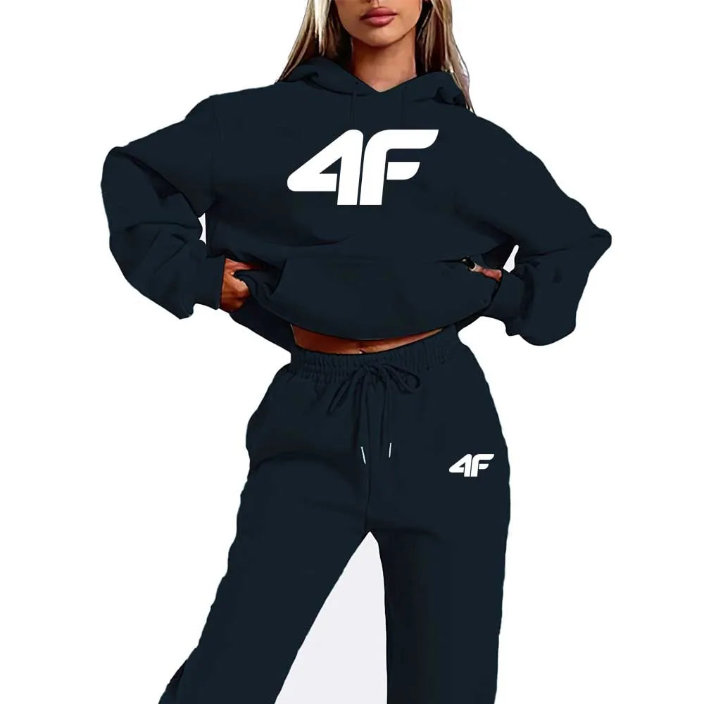 Women'S Thickened And Fleece-Lined Autumn And Winter Sweatshirt And Pants Set, Featuring a Kangaroo Pocket for Warmth