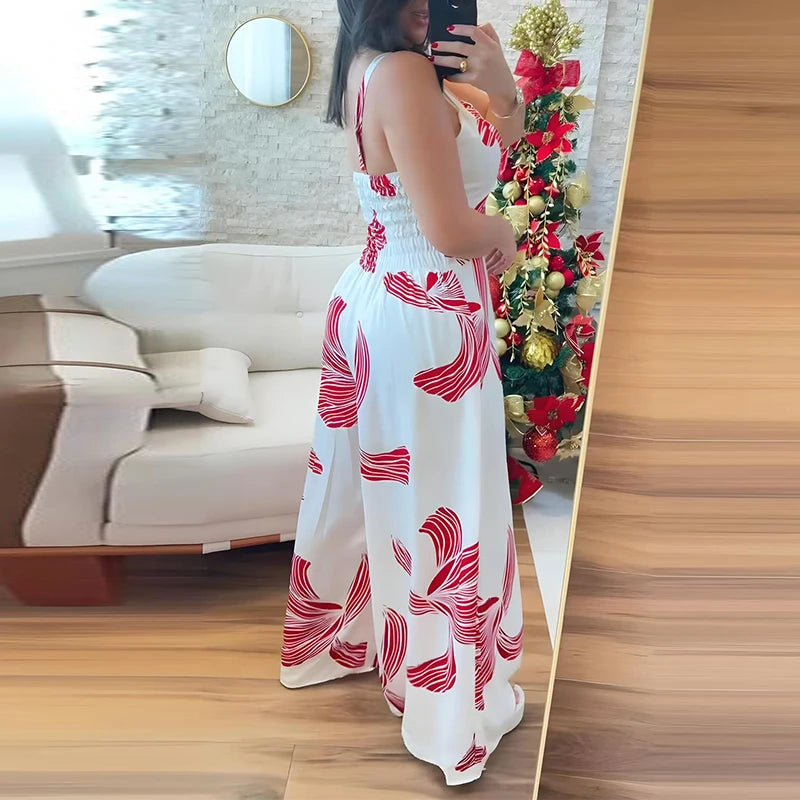 Women Elegant Sleeveless Hight Waist Playsuit  Sexy Off Shoulder Wide Leg   Fashion Pattern Print Loose Long Romper Jumpsuits