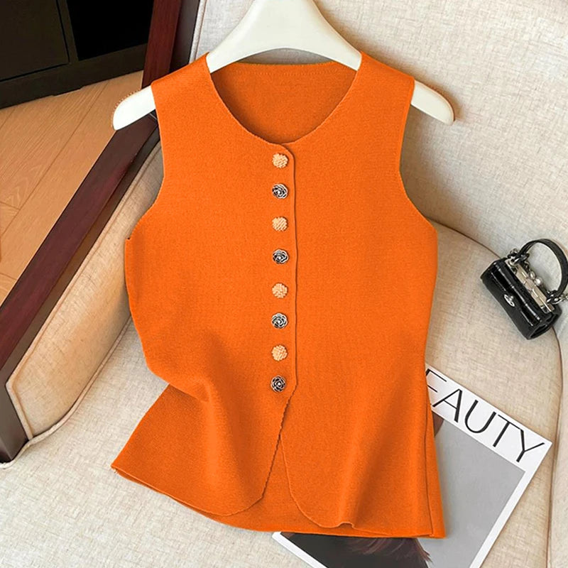 Women Elegant Flower Buttons O Neck Sleeveless Sweater Slim waistcoat