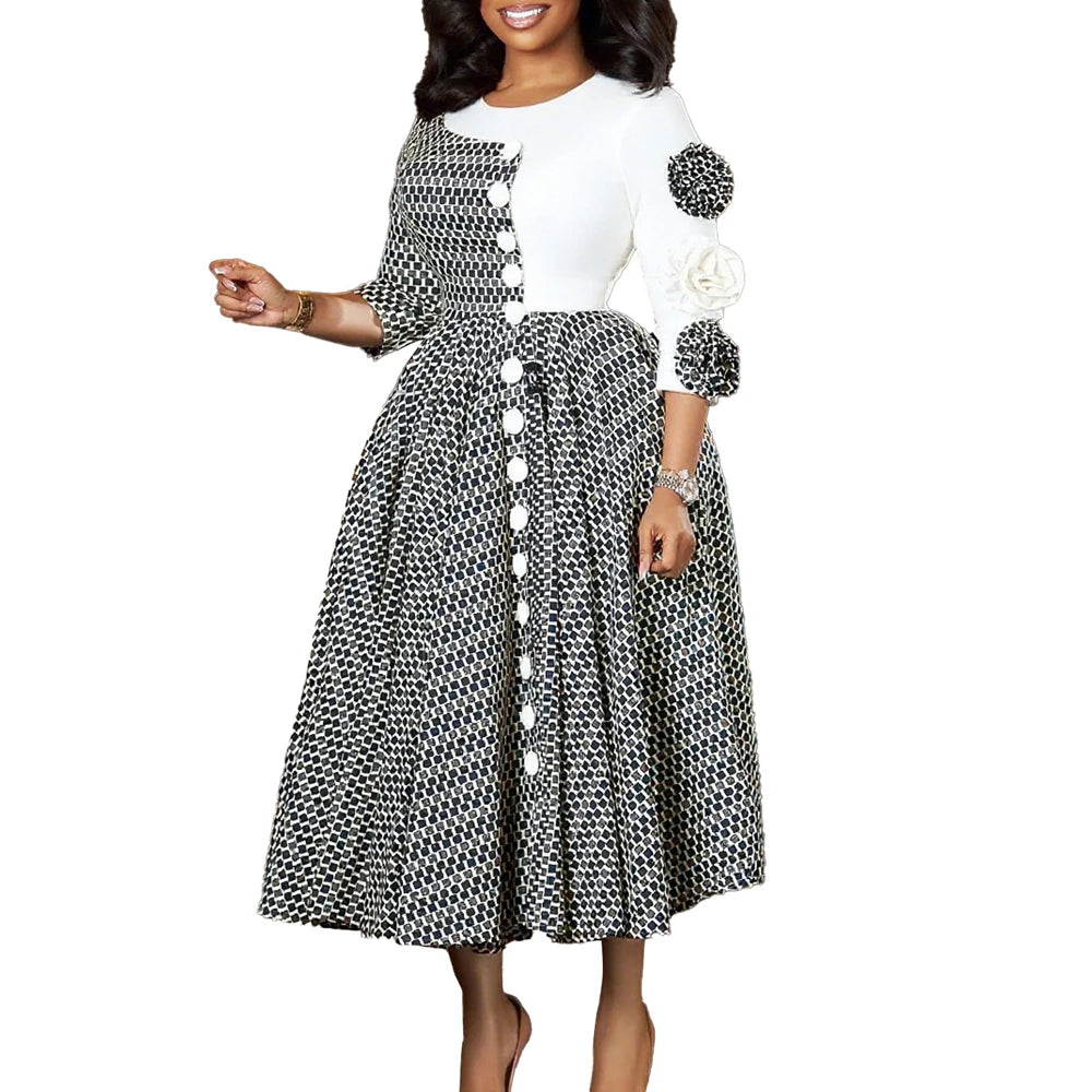 Women Elegant Dresses for Fall Fashion African 3/4 Sleeve Party Birthday New  Chic 3D Flower Plaid Evening A-Line Dress