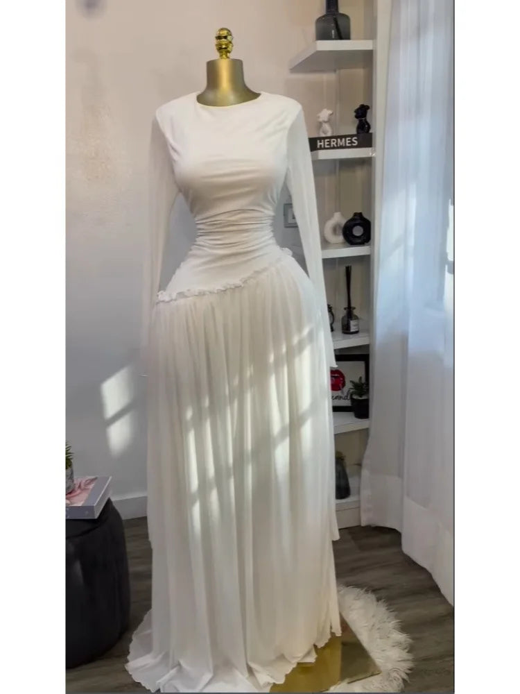 Women O-neck Long Sleeve Pleated Inner A-line  Evening Sexy Party Birthday Vacation Long Maxi Dresses Vestidos