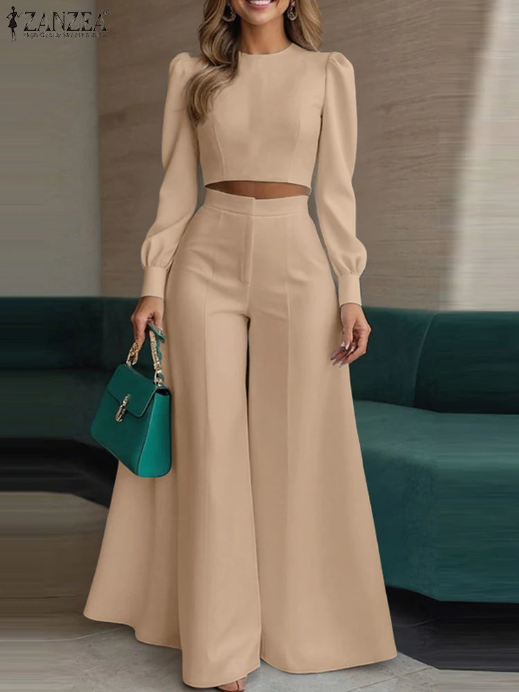 Women elegant Autumn ZANZEA Fashion 2PCS Tracksuits Long Sleeve Blouses Wide Leg Trousers