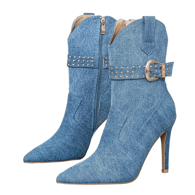 Woman Fashion Liyke Western For Rivet Belt Buckle Ankle Booties Pointed Toe High Heels  Style Cowboy Boots