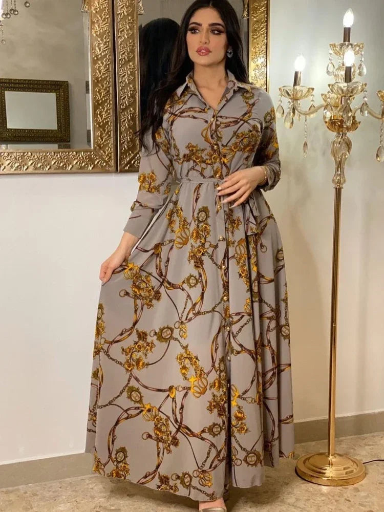 Women Muslim Abaya Ramadan Print Shirt Autumn  Islamic Vestidos Elegant India Moroccan Kaftan dress