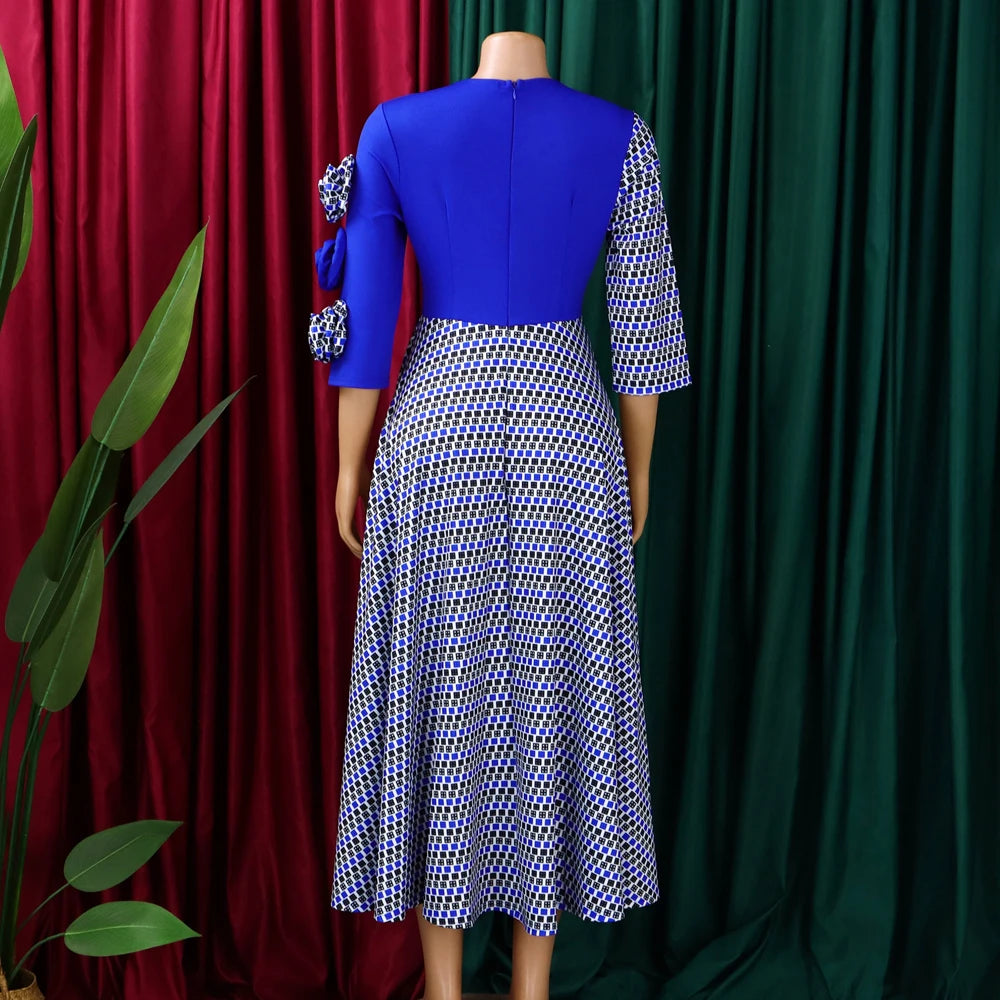 Women Elegant Dresses for Fall Fashion African 3/4 Sleeve Party Birthday New  Chic 3D Flower Plaid Evening A-Line Dress