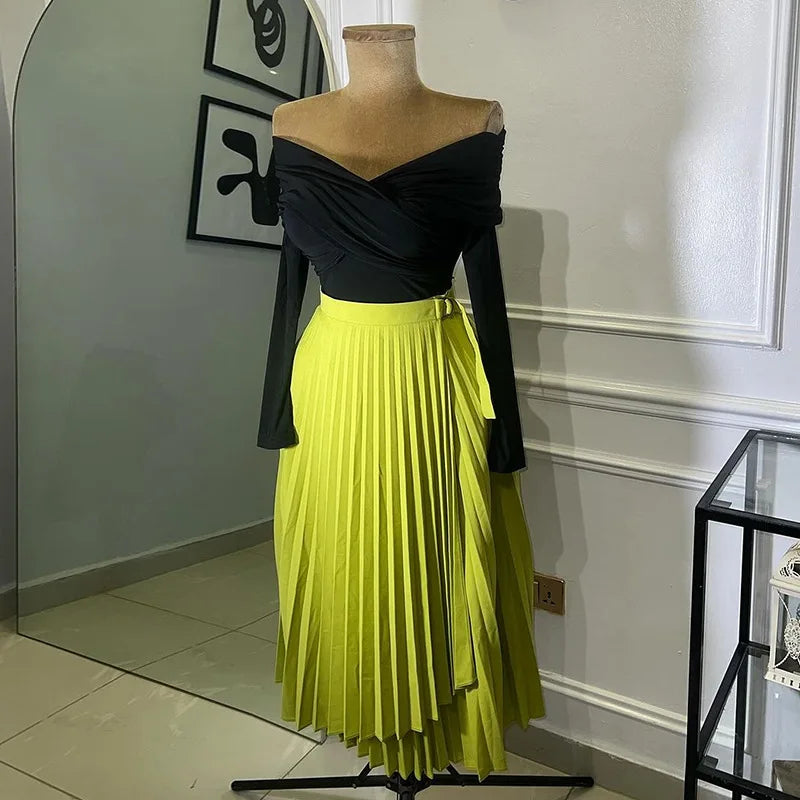 Women Skirts Pleated Irregular Solid High Waist A Line Mid Calf Skirts Elegant Lady Regular Casual Folds Summer