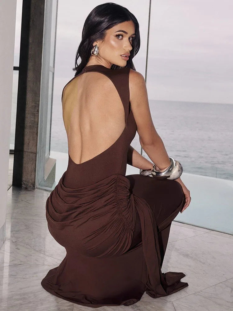 Women Backless Draped Rushed Sexy Maxi Gowon Elegant  Dresses