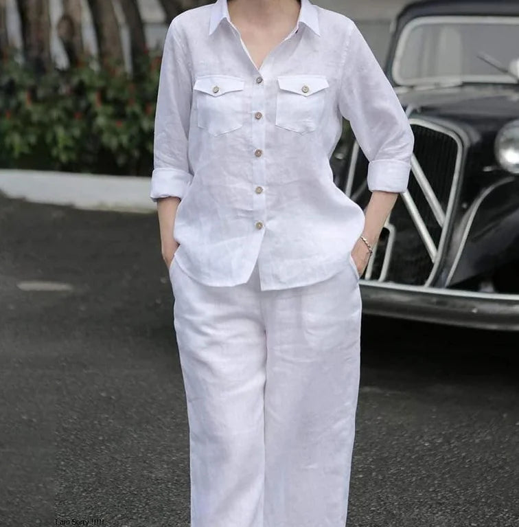 Women Elegant Lapel Neck Long Sleeve Shirt Pants Sets 2PCS Fashion Autumn Outfits Solid Work Trousers Suits Tracksuit