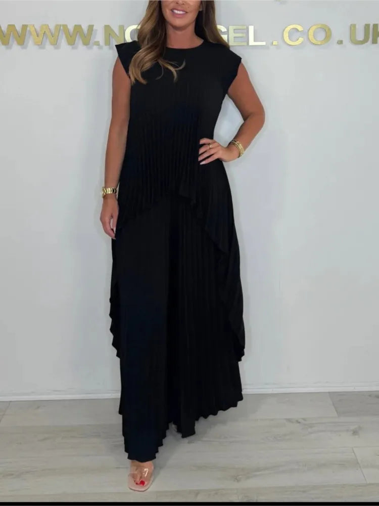 Women Summer Solid Casual Holiday Two Piece Sets Elegant Pleated Irregular O Neck Sleeveless Top + Wide-leg Pants Loose Outfits