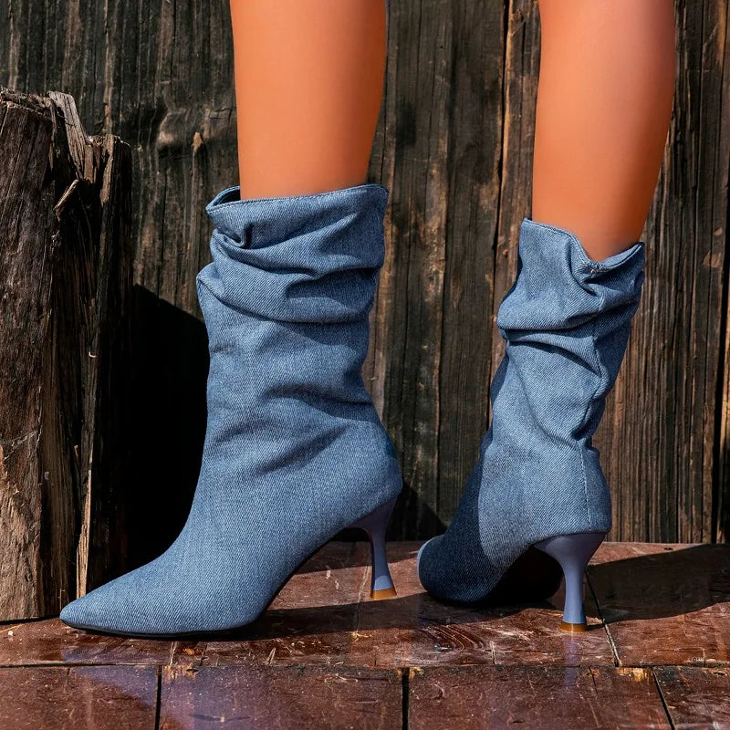Women Elegant New Designer Denim Pointed Toe Pleated Special-Shaped Spring Autumn High Heel Boots