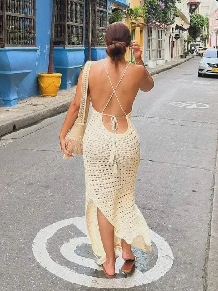 Ladies Sexy Knit Cut Out Tassel Spaghetti Strap Bodycon Beach Maxi Dress Summer