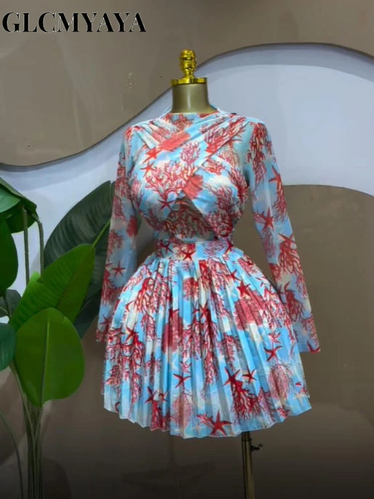 Women GLCMYAYA Leaf Print Long Sleeve O-neck Wrap Front Pleated  Elegant Romantic Vacation Party Birthday Dresses