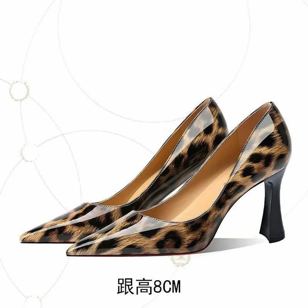 Women elegant fashion Leather Leopard Square High Heels, Pointed Toe, Slip Shallow Shoes