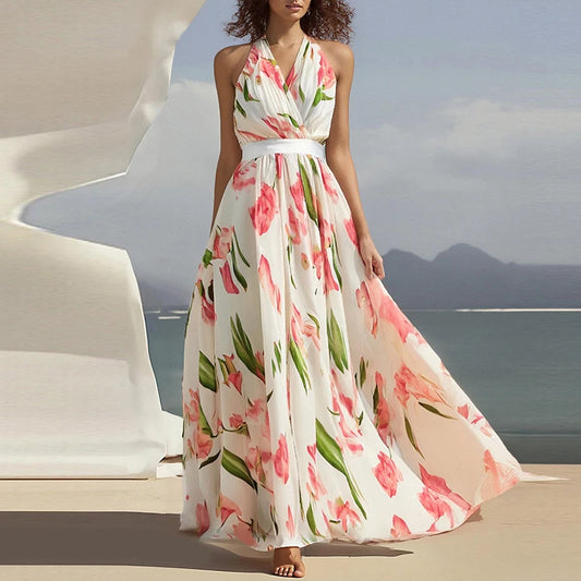 Women Fashion Halter Print Beach Vacation Sexy V-neck Sleeveless Lace Up  Elegant Lady High Waist Hollow Evening Long Dress