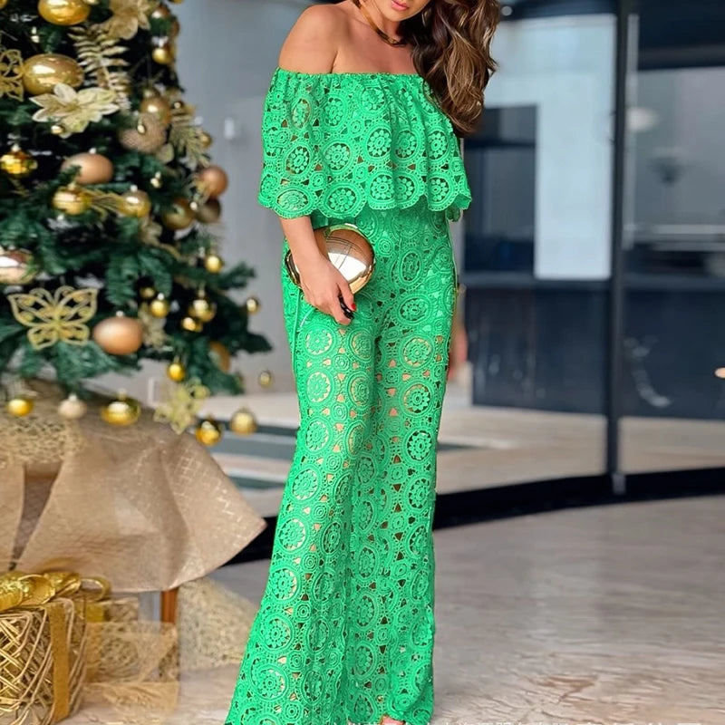 Ladies Summer Elegant 2-Piece Flower Pattern One Word Neck Off Shoulder Bat Sleeve Hollow Top Straight Pants