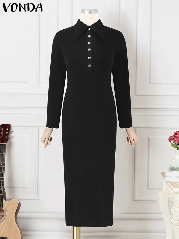 Women VONDA Knitted Dress Sexy Long Sleeve Split Maxi Long Lapel Collar Sundress Casual Robe Solid Color  Dress