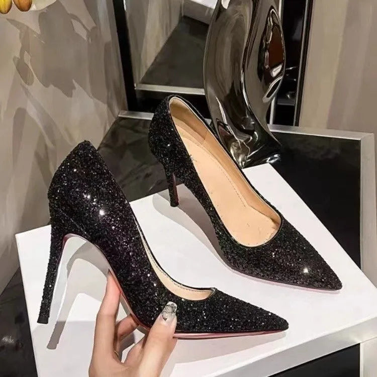 WOMEN Super High Heels Shoes  Sequin Black Sexy Red Sole Pointed Thin Single stiletto heel shoes