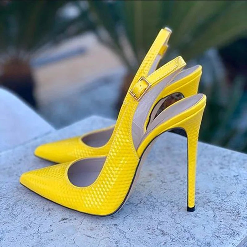Women Yellow Snakeskin Slingback Pumps Pointy Toe Shallow Stiletto Heels Dress Shoes Cut-out Heels  Shoes 12Cm 10Cm 8Cm