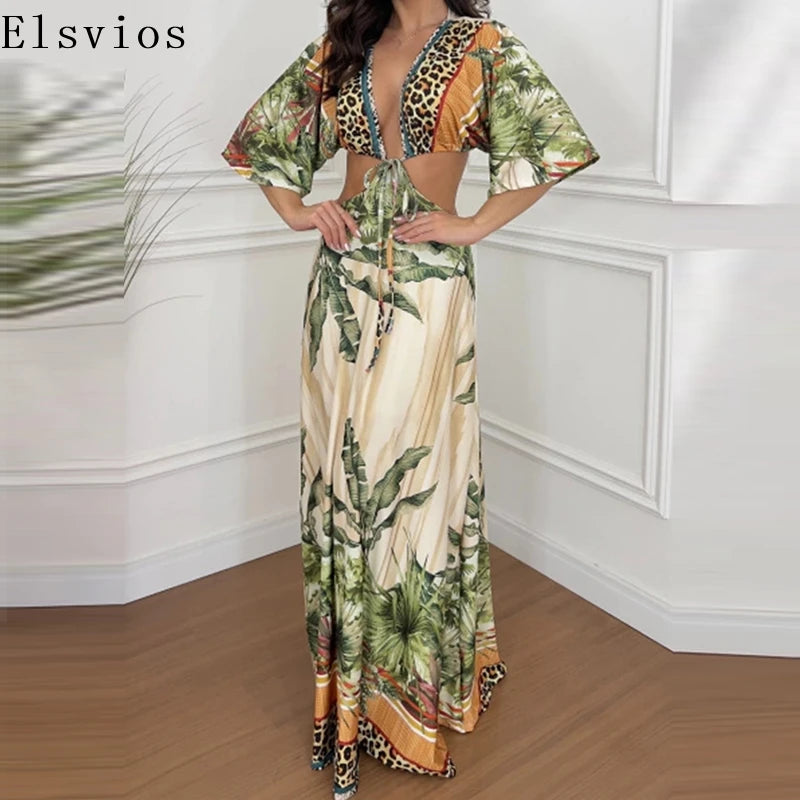 Women Summer Elegant Ladies V Neck Party Dress Fashion Half Sleeved Pleated  Vintage Pattern Printed Waist Long Beach Dresses