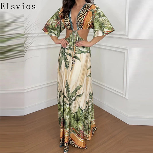 Women Summer Elegant Ladies V Neck Party Dress Fashion Half Sleeved Pleated  Vintage Pattern Printed Waist Long Beach Dresses