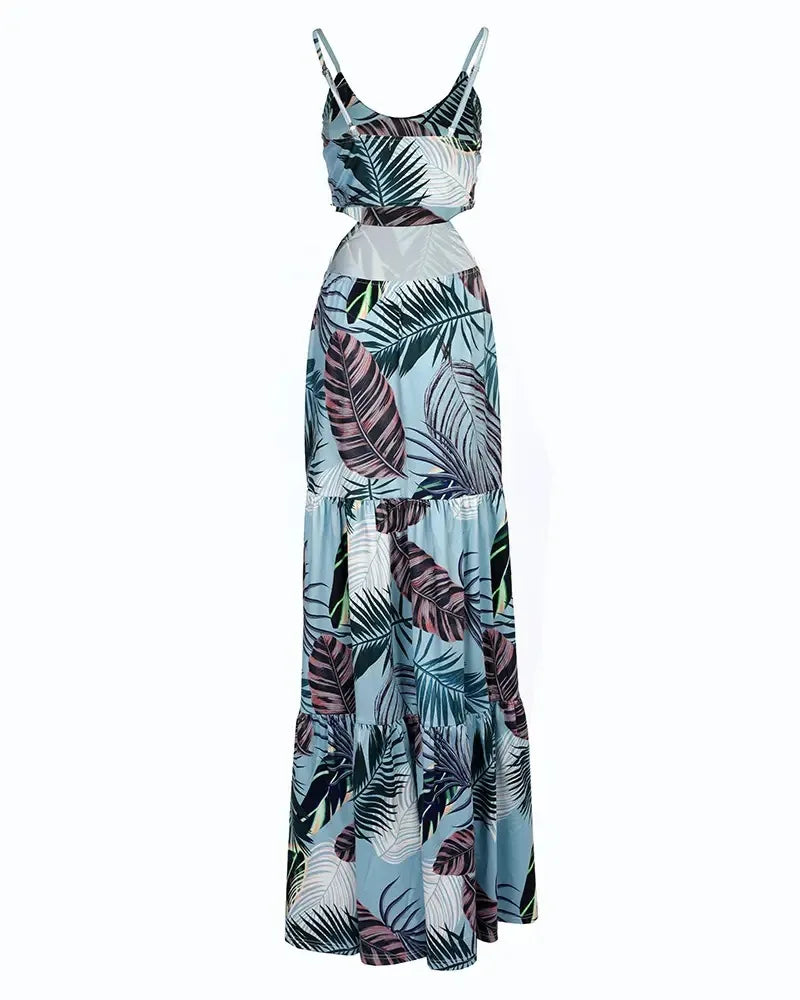 Women Dress Camisole Long  Print Folds Sleeveless Slim Fit V Neck Elegant A Line Splice Vestidos Beach Summer