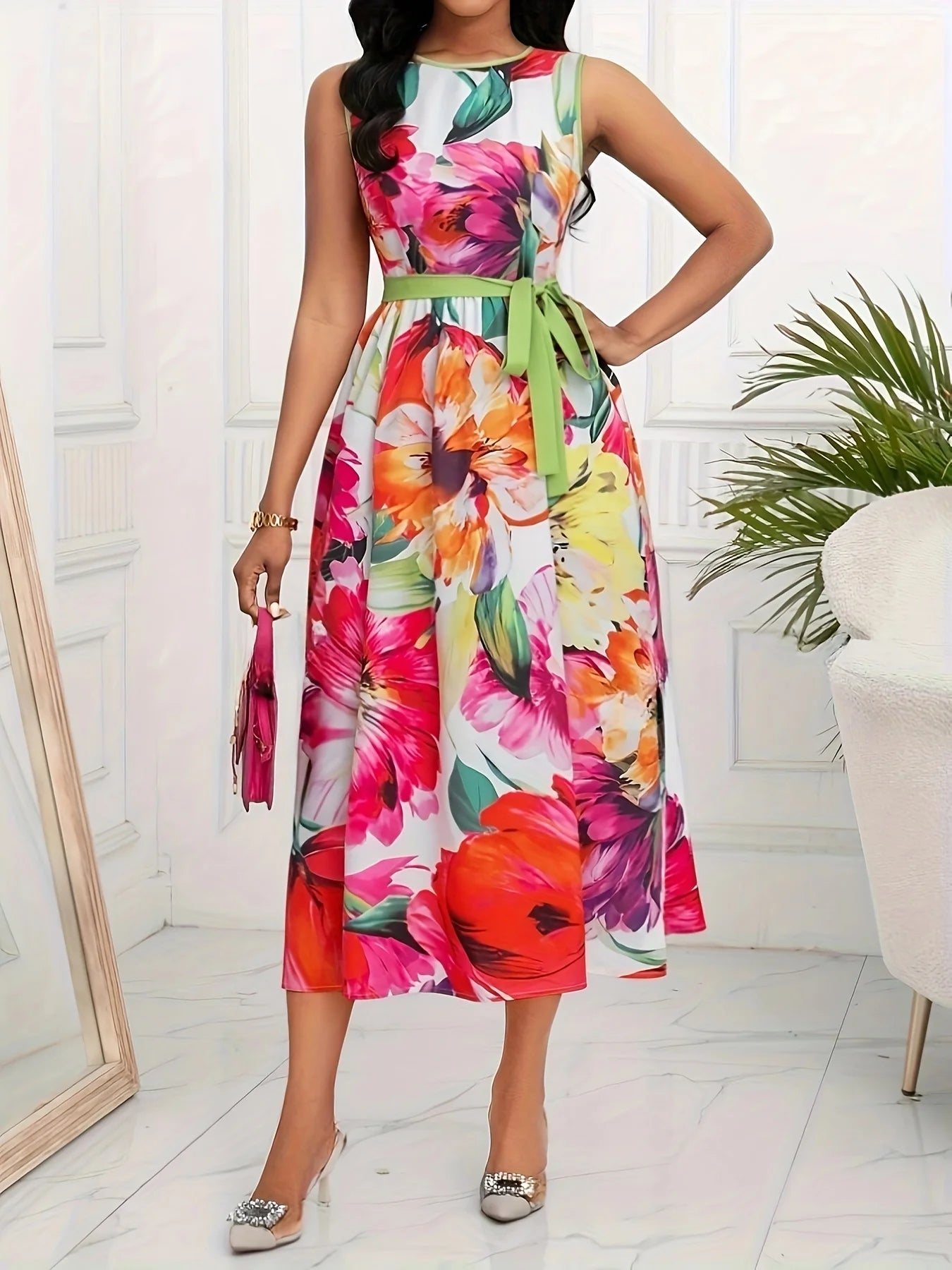 Women Elegant Spring Summer Floral Print Vacation Party O Neck Lace Up Sleeveless Tank Long Dress