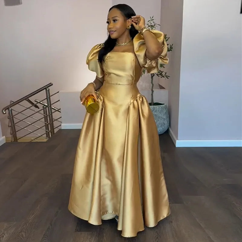 Women Elegant puff sleeve square collar gold solid pleated A-line evening party cocktail maxi Dresses