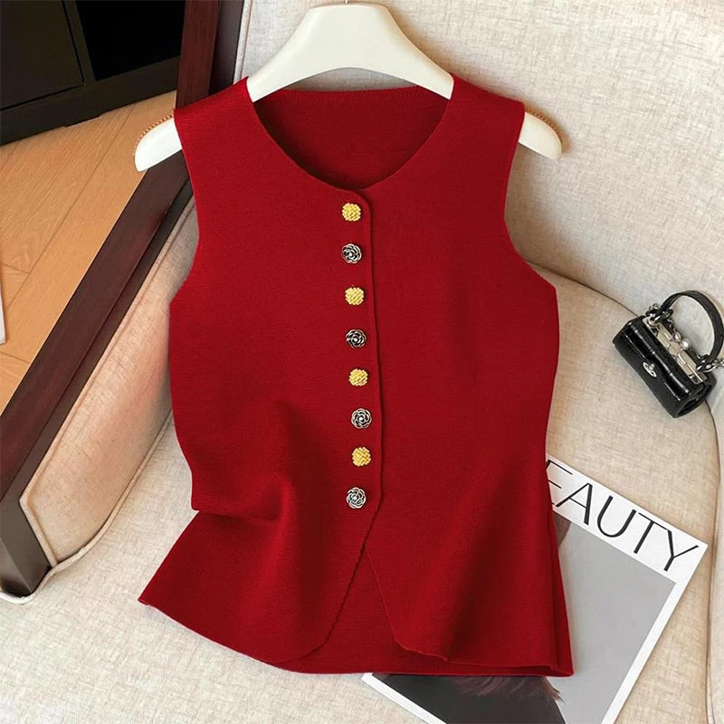 Women Elegant Flower Buttons O Neck Sleeveless Sweater Slim waistcoat