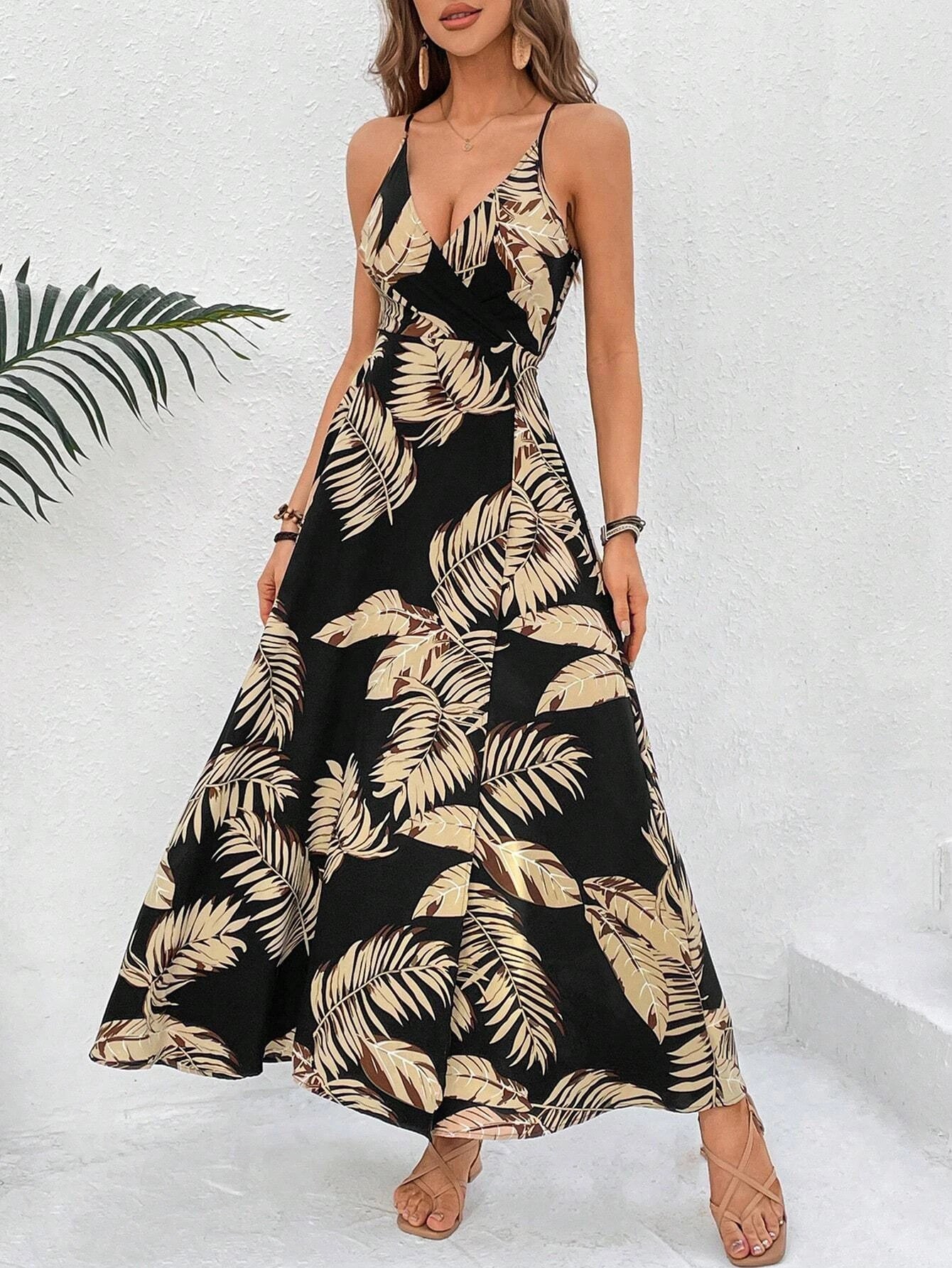 Women Tropical Print Thigh-High Slit Backless Spaghetti Strap Dress