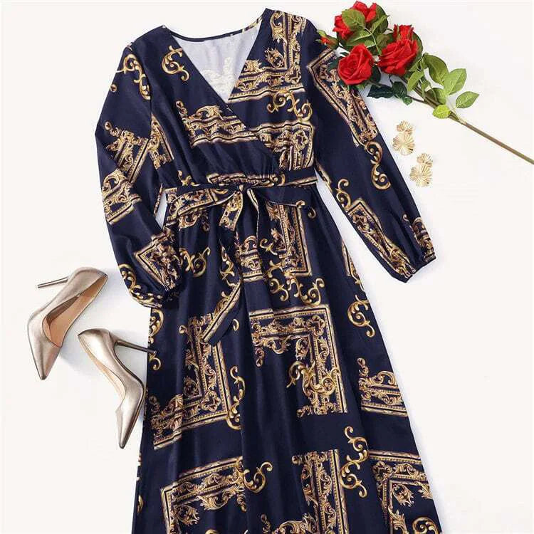 Women Eid Muslim Dresses V Neck Lantern Sleeve Morocco Ramadan Long Robe Print Party Dress