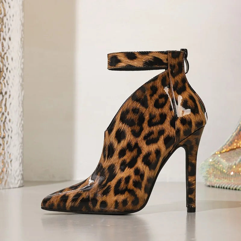 Women  Fashion Pointed Toe Zippers Pumps Designer Leopard Print Stiletto Heels Party Dress Shoes Zapatillas De Mujer