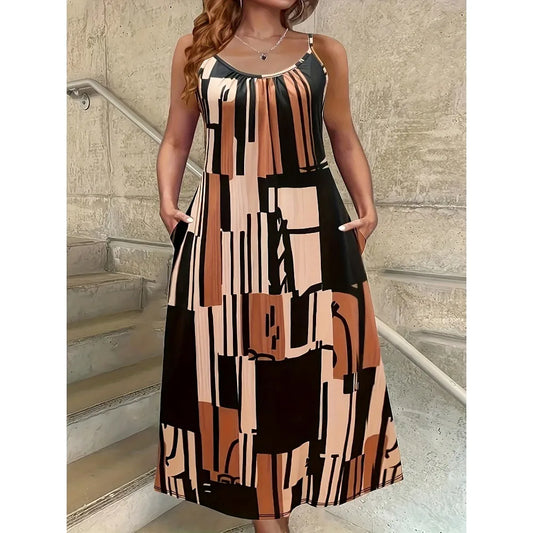 Women Plus Size 1XL-5XL casual autumn color block geometric crew neck sleeveless dress