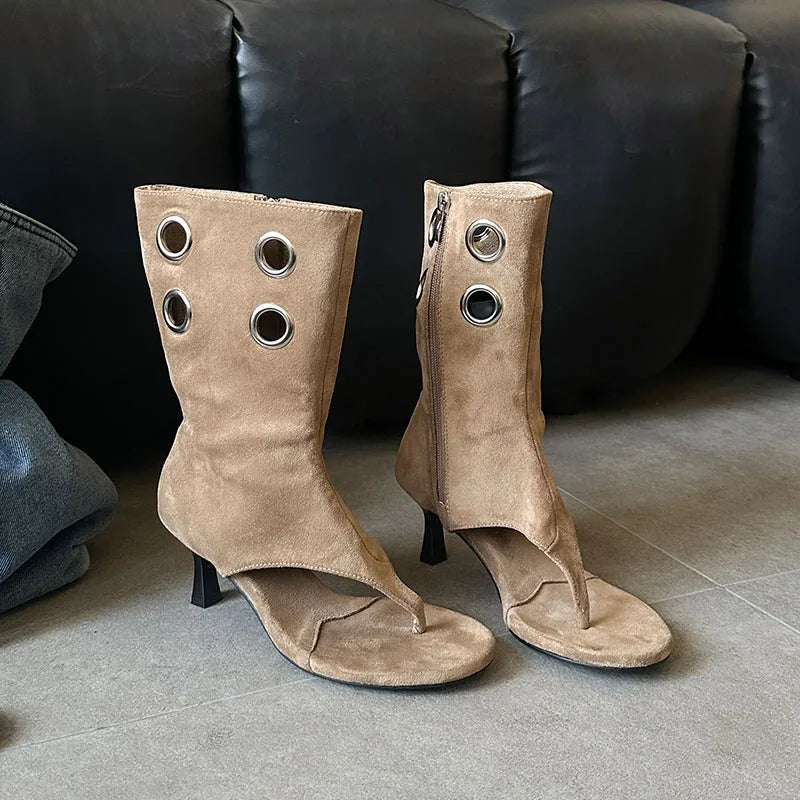 Women Summer Spring Fashion Hollow Metal Thin Heels Flip Flops Open Toe  Heel Sandals Boots Shoes