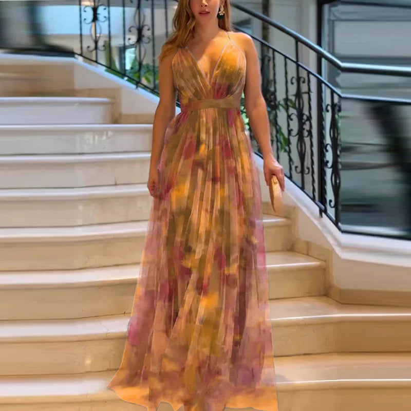 Women Elegant Strapless Mesh Print sexy sleeveless hight waistLong Dress