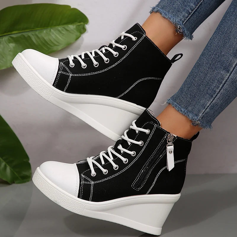 Women Black High Top Canvas Sneakers Shoes Zipper Lace Up Ankle Boots