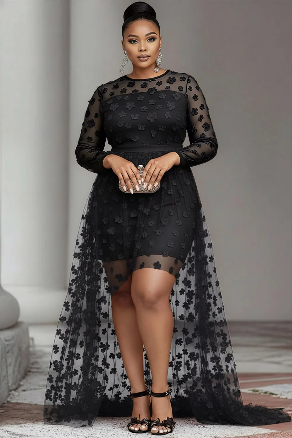 women Plus Size Party Round Neck Long Sleeve High Low Hem Elegant See Through Tulle Mini Dresses