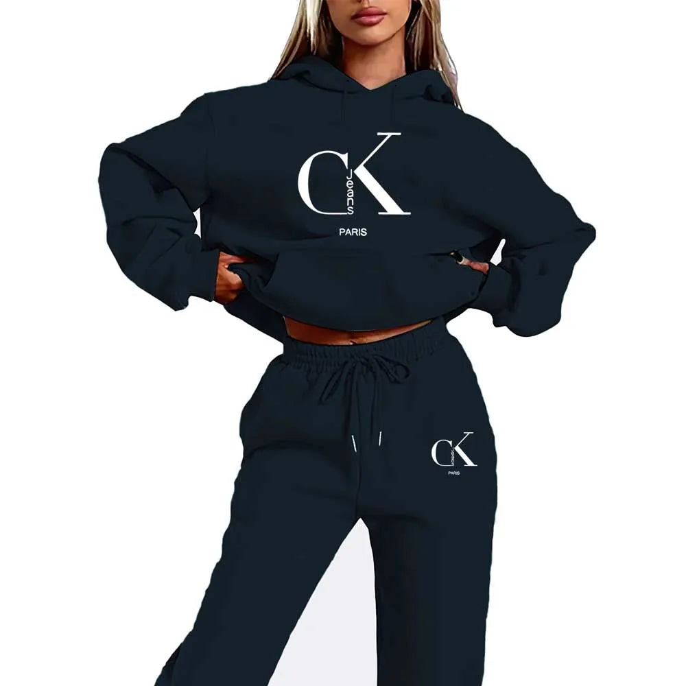 Women'S Casual Winter Hoodie and Pants Set - Black with White Logo Drawstring Hooded Sweatshirt & Joggers All-Season Comfort