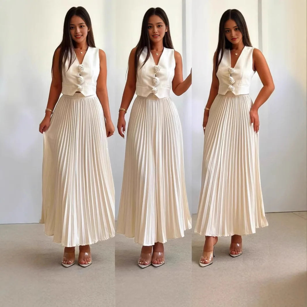 Women 2pcs Office Casual Clothes Set Sleeveless Button Tank Top Vest Solid Color & Long Pleated Skirt