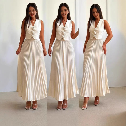 Women 2pcs Office Casual Clothes Set Sleeveless Button Tank Top Vest Solid Color & Long Pleated Skirt