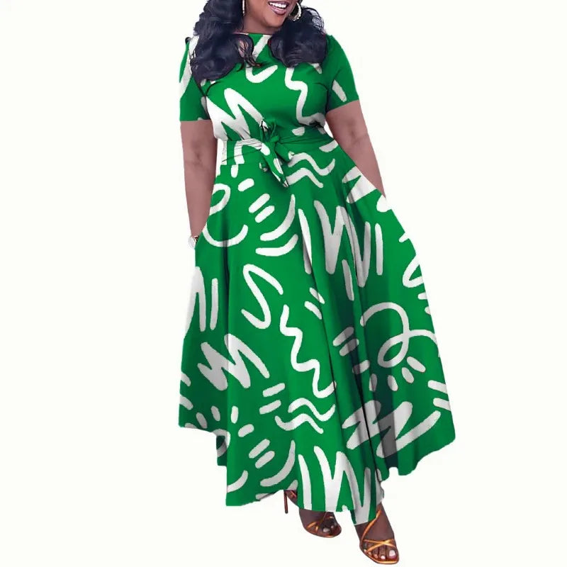 Women Dashiki Fashion Belted Maxi Long Party Dress Vintage Printed Sundress Casual Vestidos dress