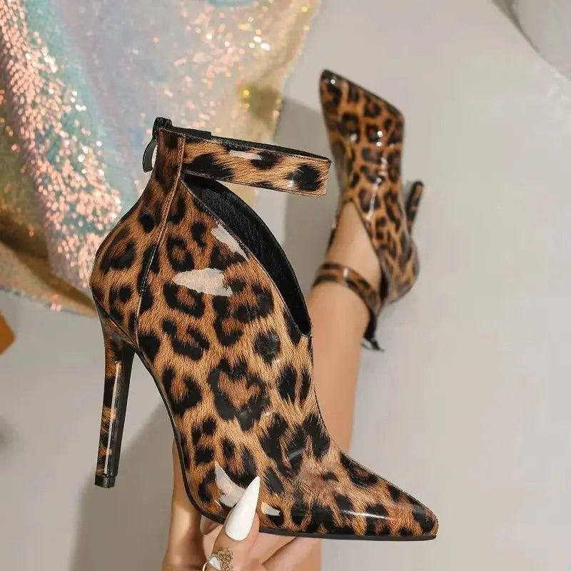 Women  Fashion Pointed Toe Zippers Pumps Designer Leopard Print Stiletto Heels Party Dress Shoes Zapatillas De Mujer