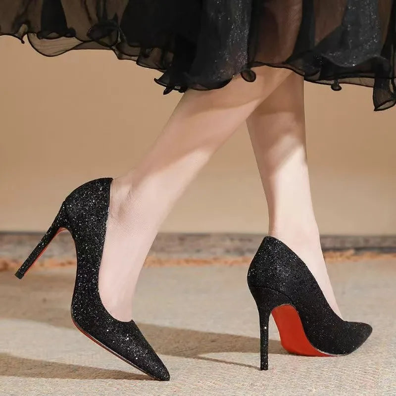 WOMEN Super High Heels Shoes  Sequin Black Sexy Red Sole Pointed Thin Single stiletto heel shoes