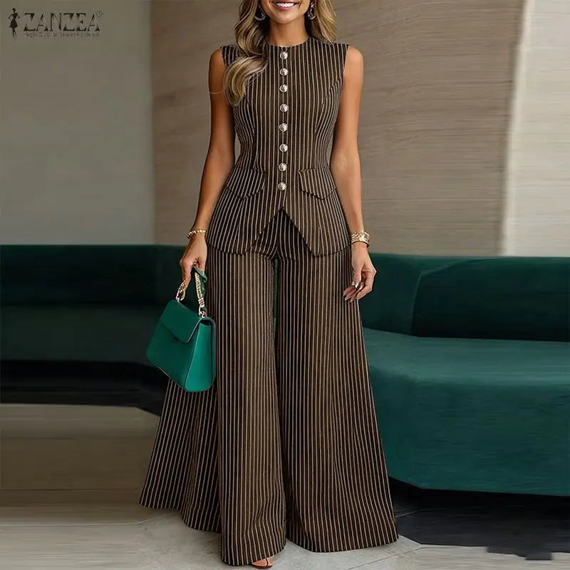 Women ZANZEA  elegant pant suits striped sleeveless vest tops & wide leg pant 2 pieces sets office fashion commuting outfits